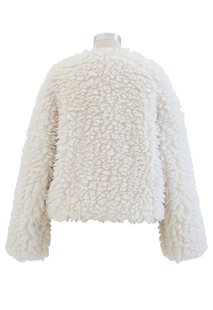 Open Front Fluffy Faux Fur Crop Jacket in Ivory - Retro, Indie and ...