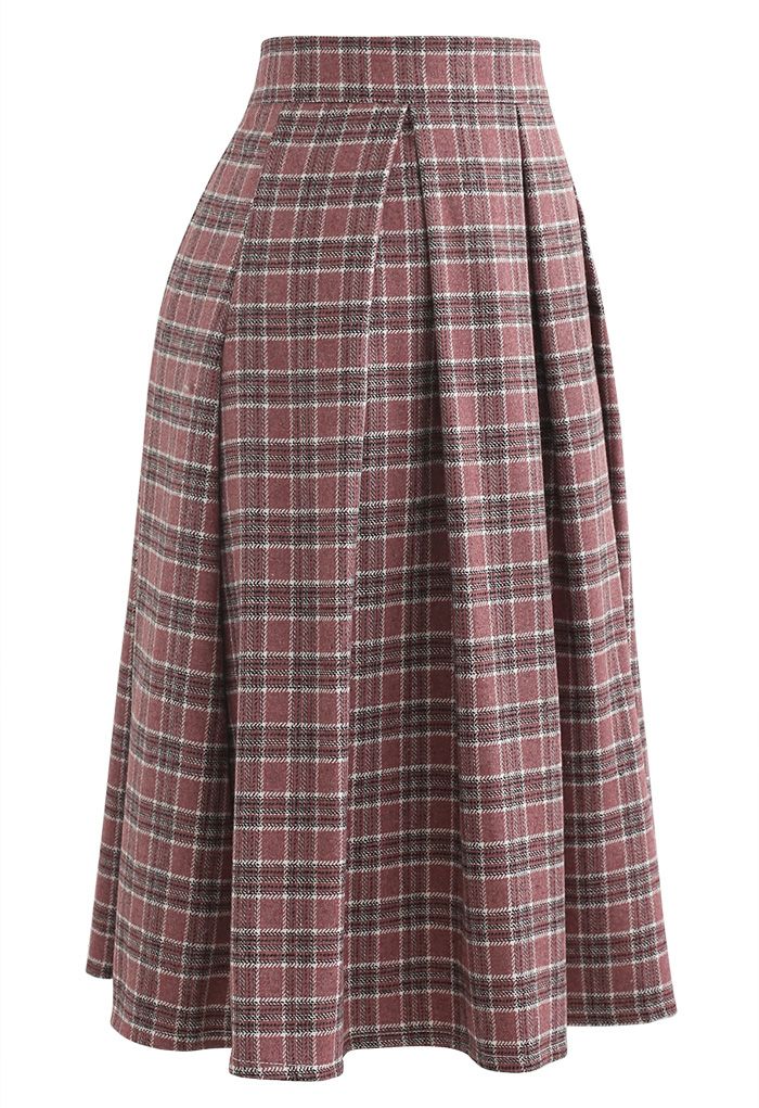 Wool-Blend Pleated Plaid Skirt in Berry