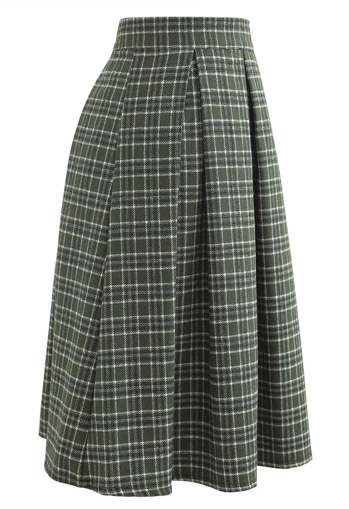 Wool-Blend Pleated Plaid Skirt in Dark Green - Retro, Indie and Unique ...