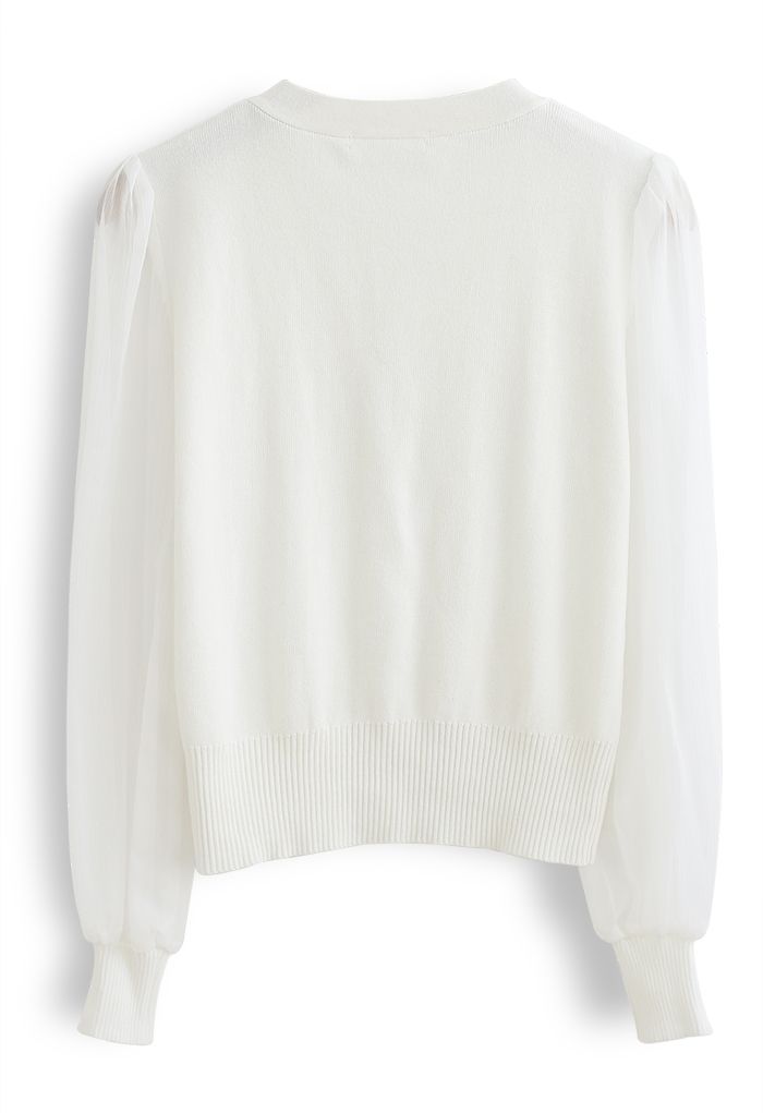 Button Down V-Neck Sheer Sleeves Knit Top in White