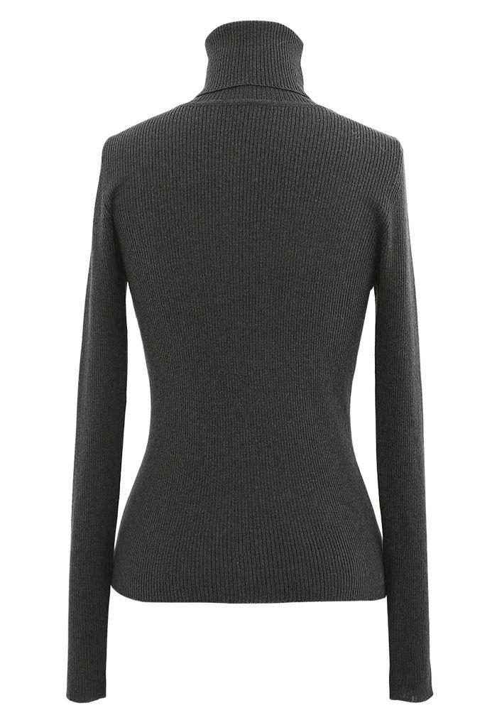 Turtleneck Ribbed Fitted Knit Top in Smoke