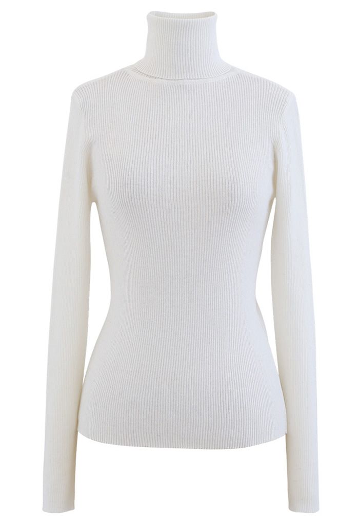 Turtleneck Ribbed Fitted Knit Top in White - Retro, Indie and Unique ...