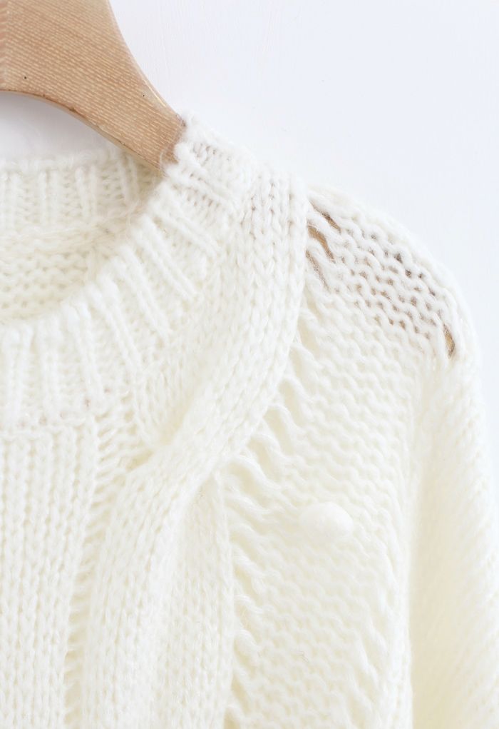 Pom-Pom Eyelet Chunky Knit Sweater in White