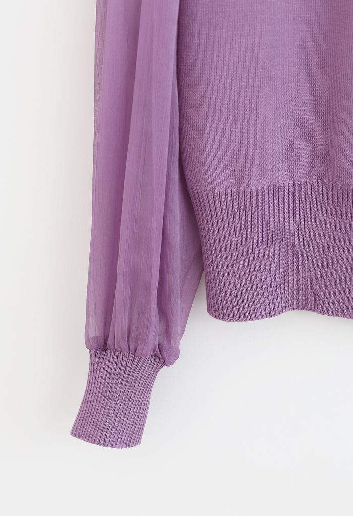 Button Down V-Neck Sheer Sleeves Knit Top in Lilac