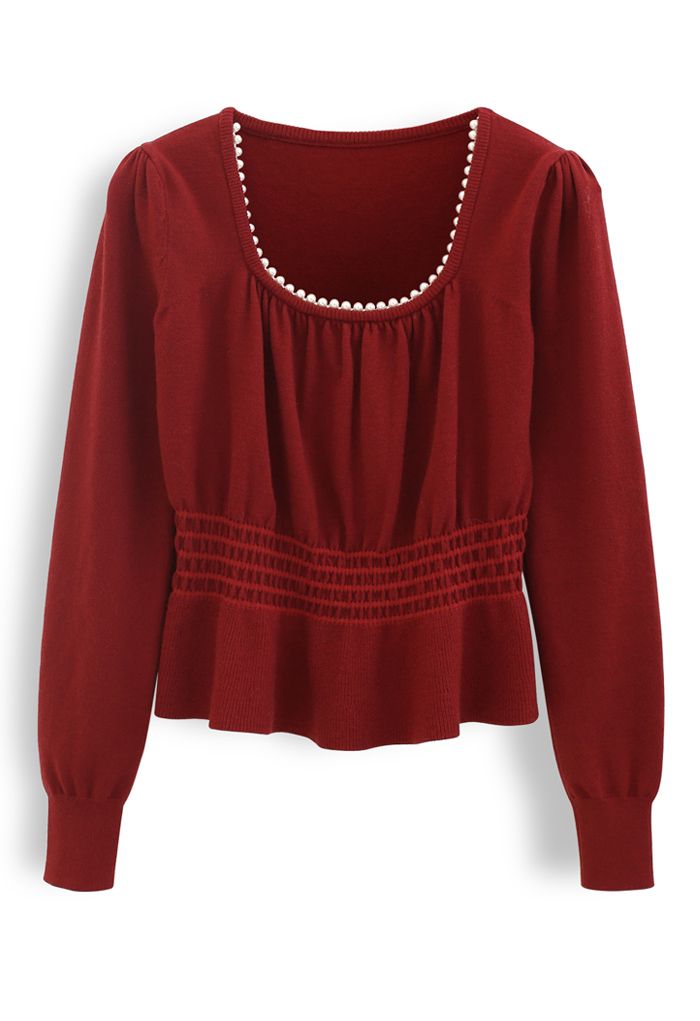 Pearl Square Neck Shirred Peplum Knit Top in Wine