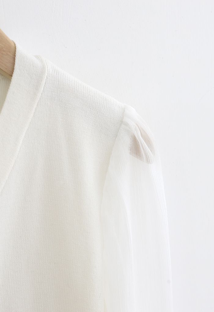 Button Down V-Neck Sheer Sleeves Knit Top in White