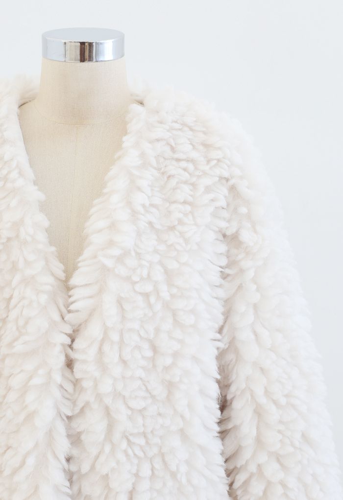 Open Front Fluffy Faux Fur Crop Jacket in Ivory - Retro, Indie and ...