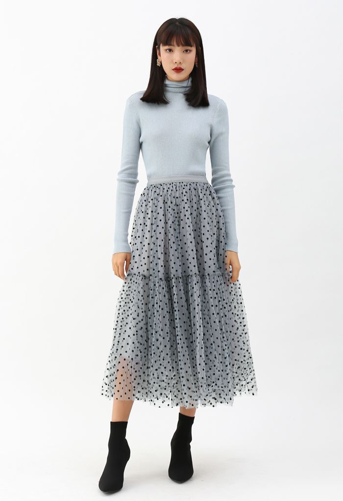 Can't Let Go Dots Mesh Tulle Skirt in Dusty Blue