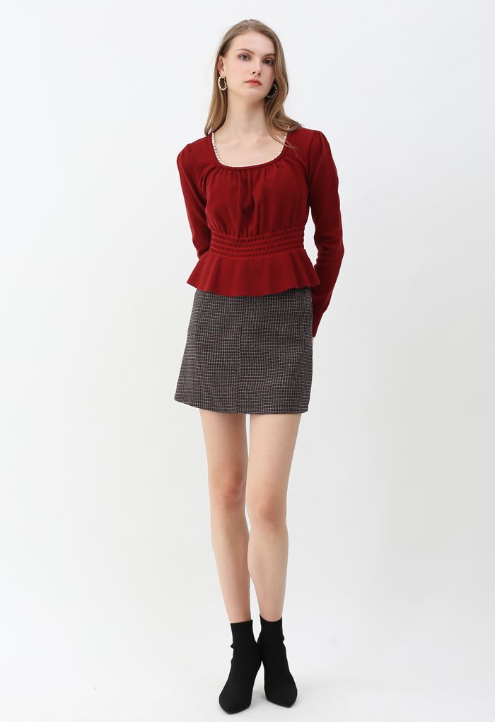 Pearl Square Neck Shirred Peplum Knit Top in Wine