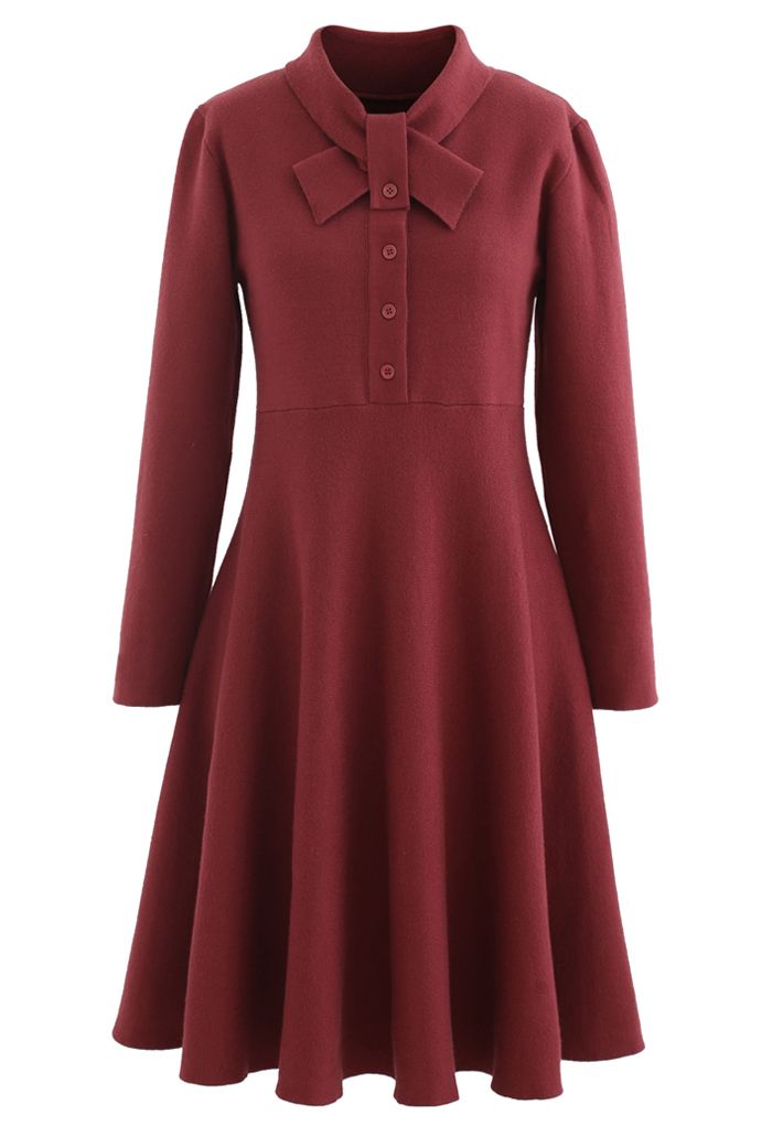 Knotted Neck Button Down Knit Dress in Wine