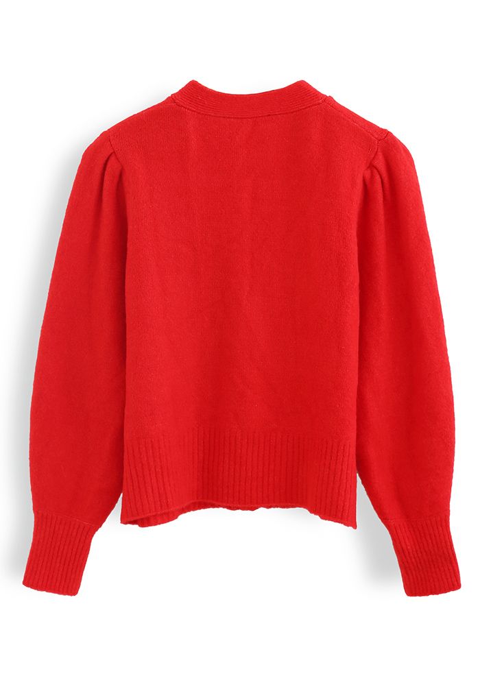 Heart Button Puff Sleeves Knit Cardigan in Red - Retro, Indie and ...