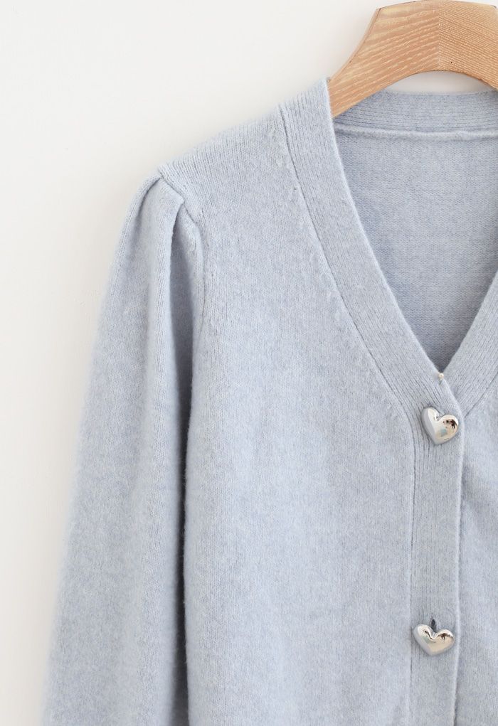 Heart Button Puff Sleeves Knit Cardigan in Baby Blue