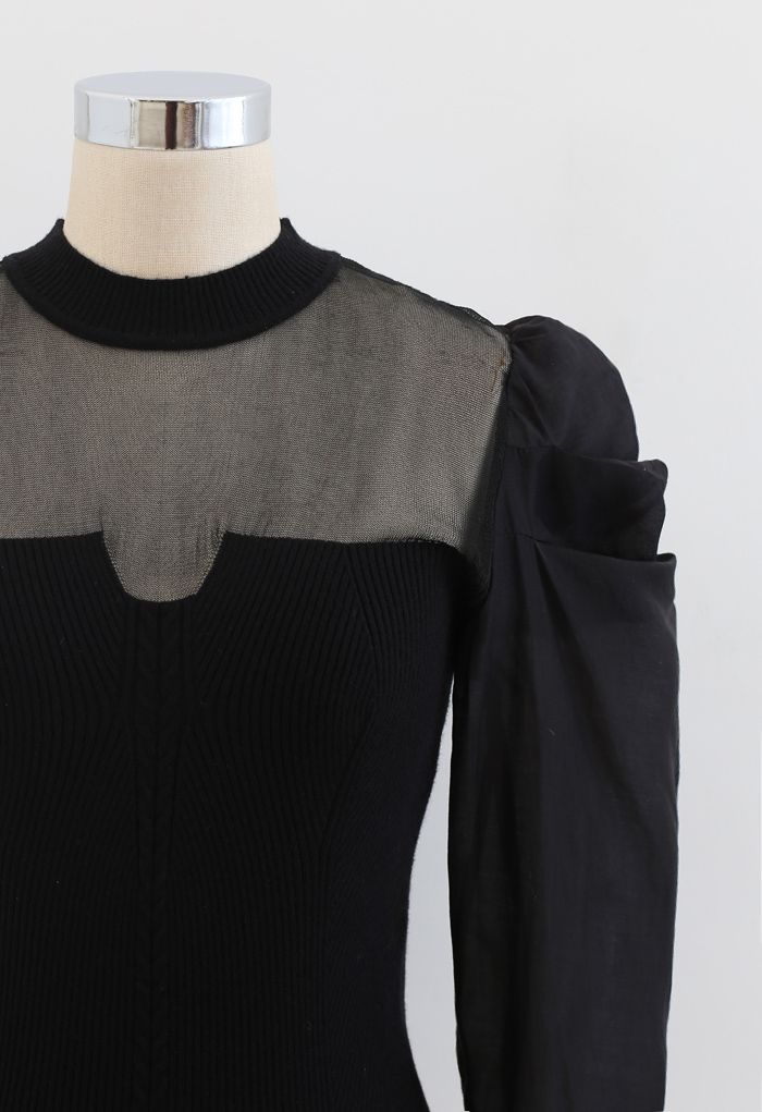 Organza Spliced Puff Sleeves Knit Top in Black - Retro, Indie and ...