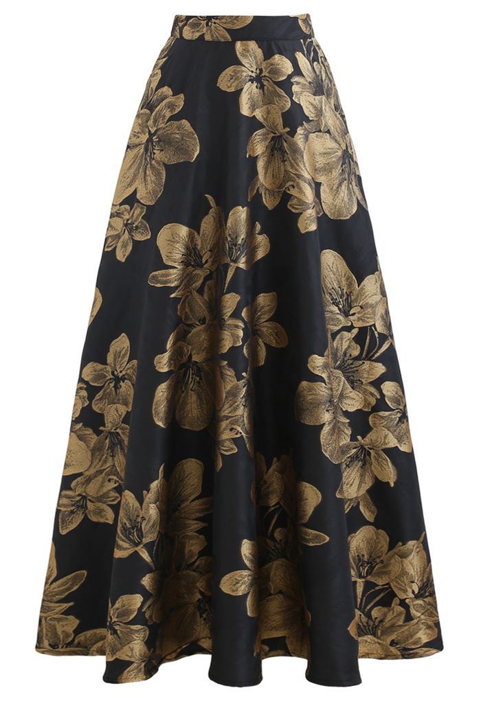 Golden Dahlia Blossom Jacquard Maxi Skirt - Retro, Indie and Unique Fashion