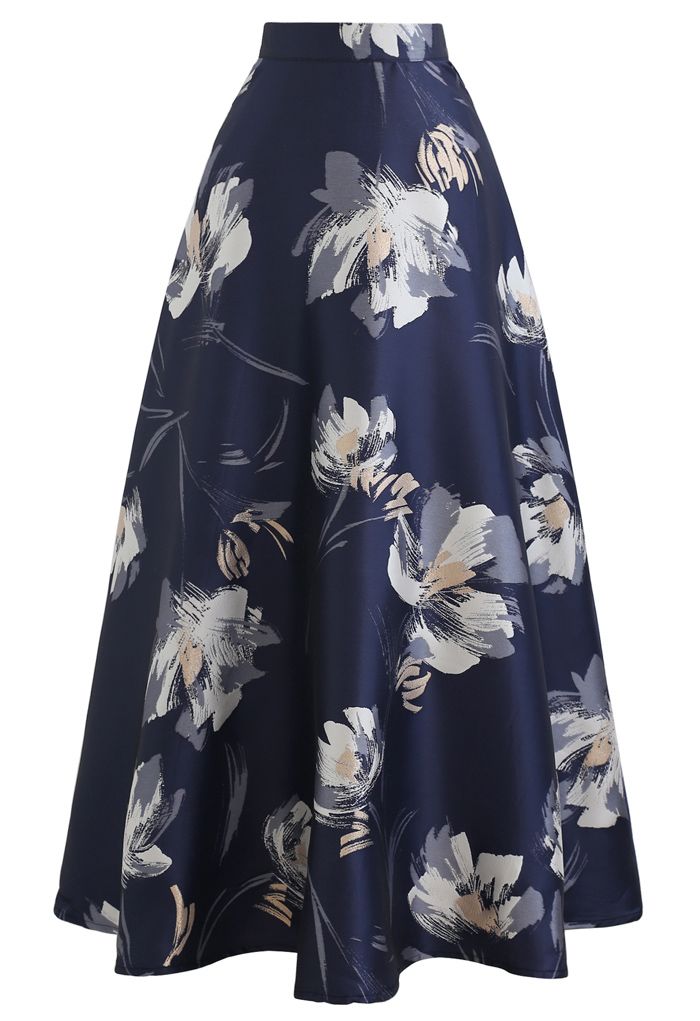 Blooming Floral Jacquard Maxi Skirt in Navy - Retro, Indie and Unique ...