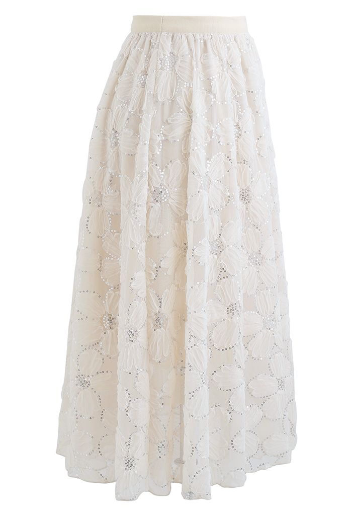 Floral Sequin Double-Layered Mesh Skirt in Cream - Retro, Indie and ...
