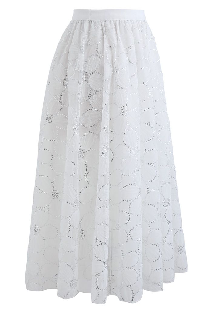 Floral  Sequin Double-Layered Mesh Skirt in White
