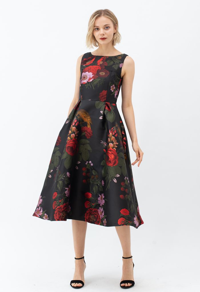 Gorgeous Rose Jacquard Sleeveless Midi Dress