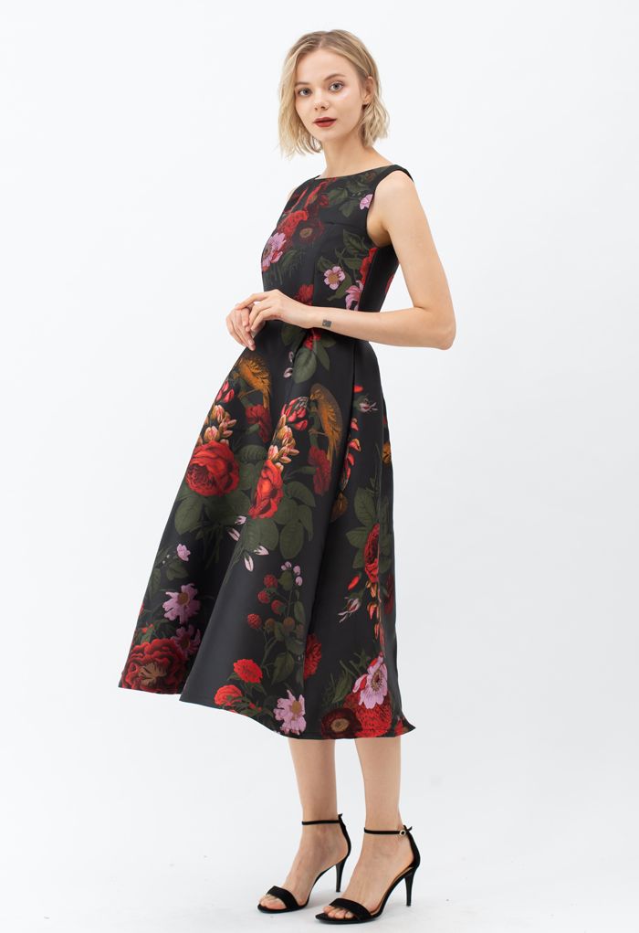 Gorgeous Rose Jacquard Sleeveless Midi Dress - Retro, Indie and Unique ...