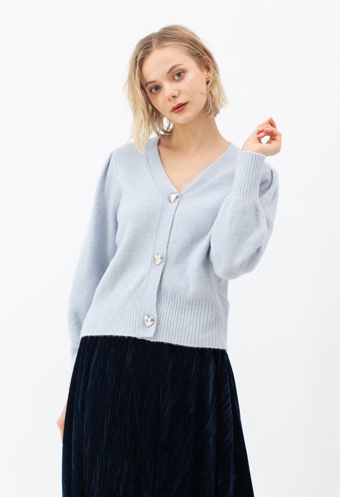 Heart Button Puff Sleeves Knit Cardigan in Baby Blue