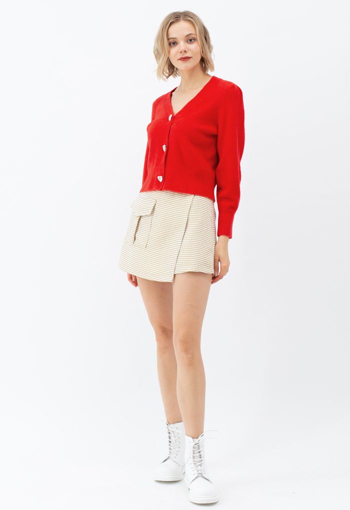 Heart Button Puff Sleeves Knit Cardigan in Red
