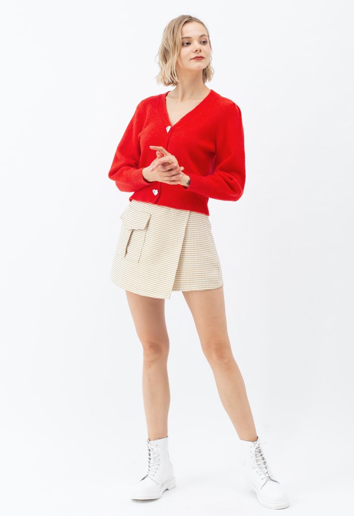 Heart Button Puff Sleeves Knit Cardigan in Red