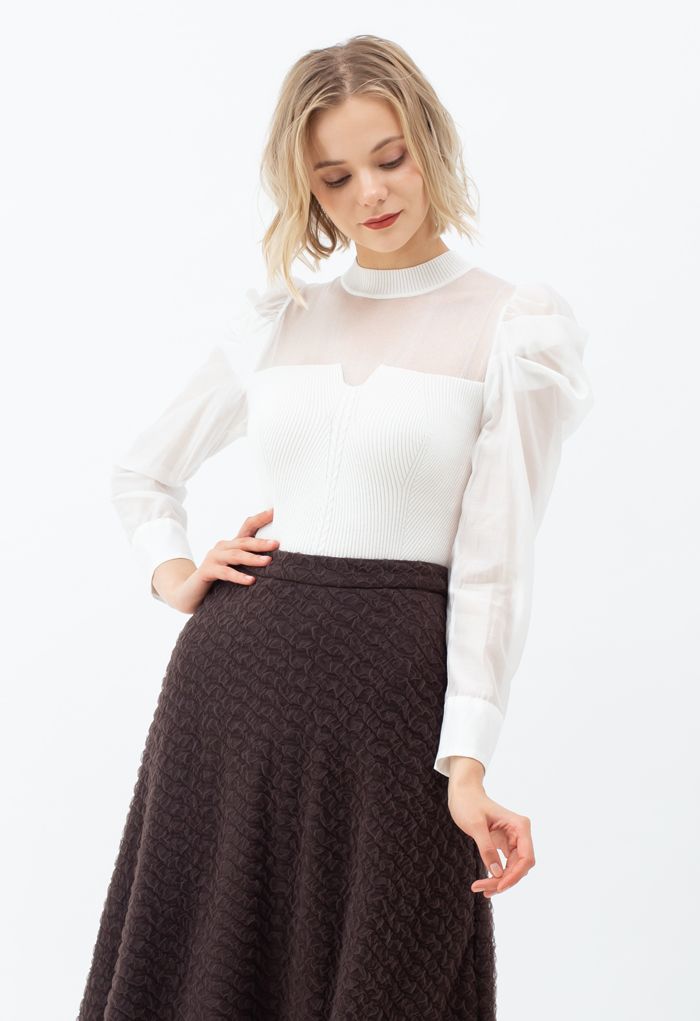Organza Spliced Puff Sleeves Knit Top in White - Retro, Indie and ...