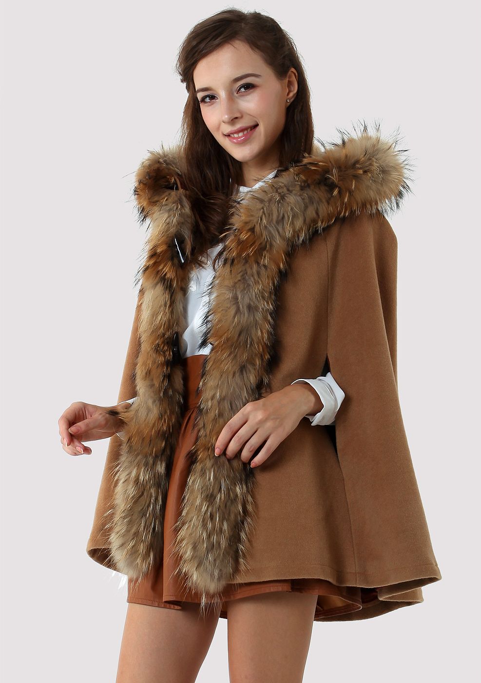 Luxury Khaki Detachable Fur Hooded Cape - Retro, Indie and Unique Fashion