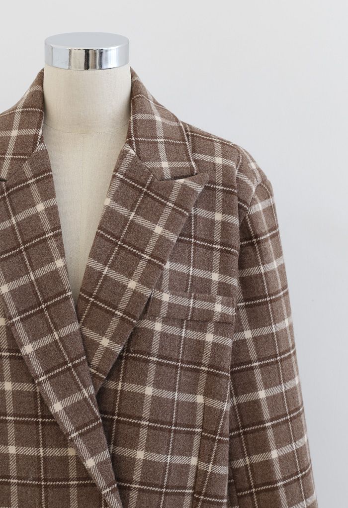 Wool-Blend Plaid Double-Breasted Coat in Brown - Retro, Indie and ...