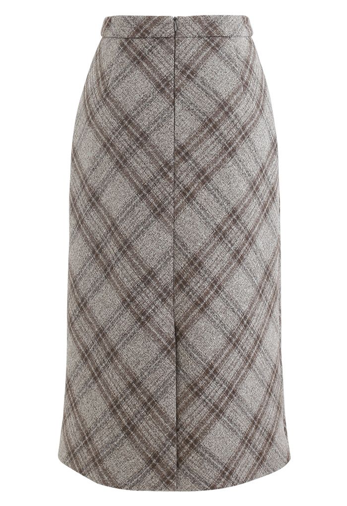 Check Print Wool-Blend Pencil Skirt in Taupe - Retro, Indie and Unique ...