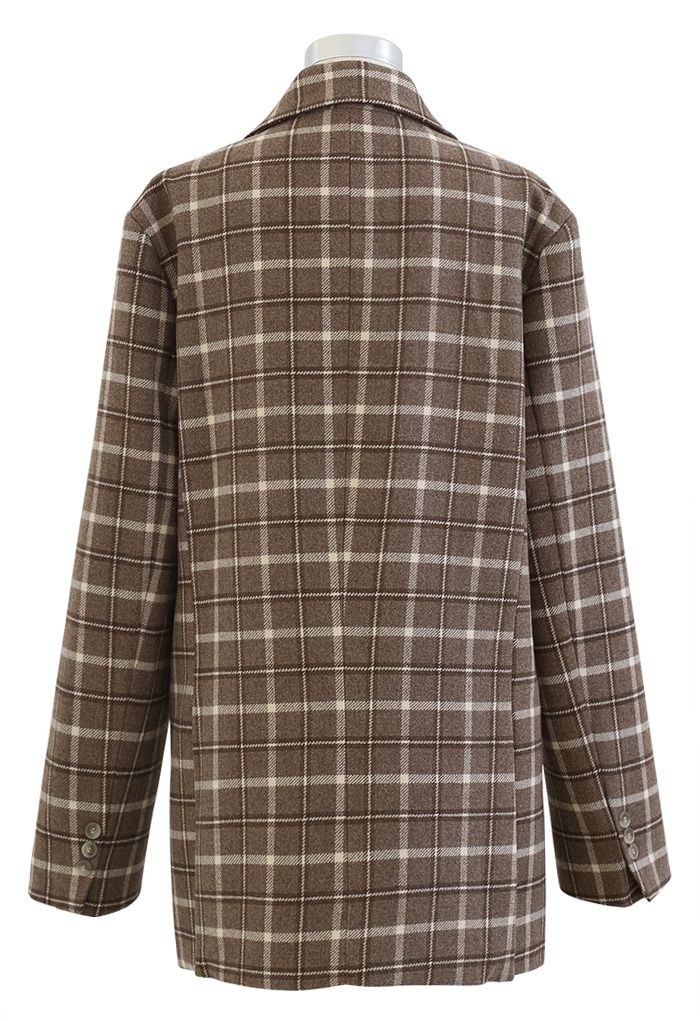 Wool-Blend Plaid Double-Breasted Coat in Brown