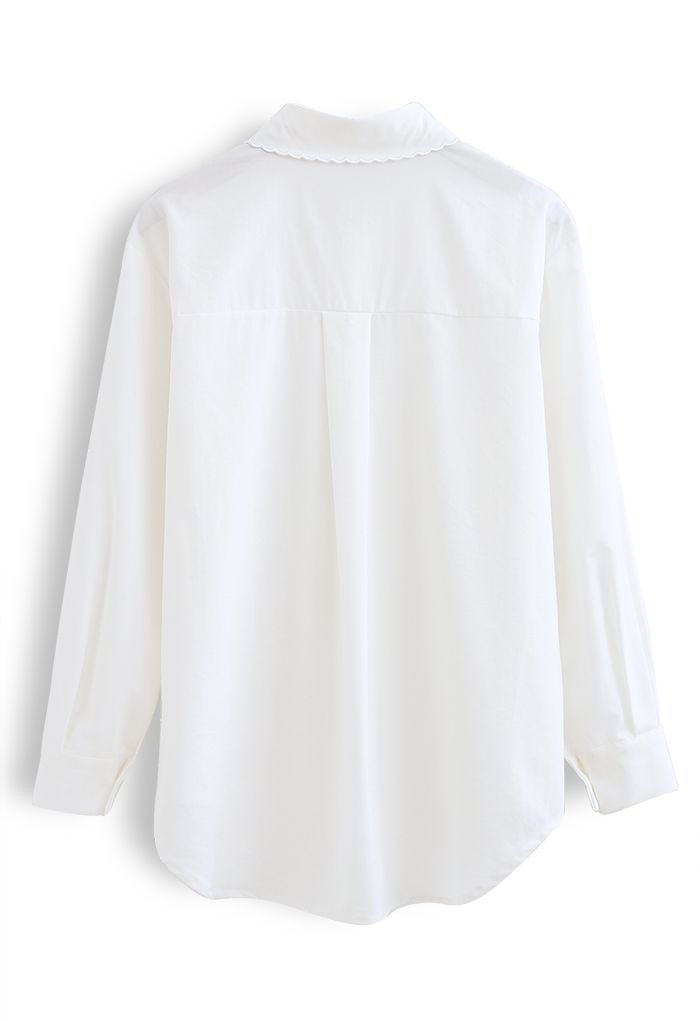 Embroidered Collar Buttoned Hi-Lo Shirt in White