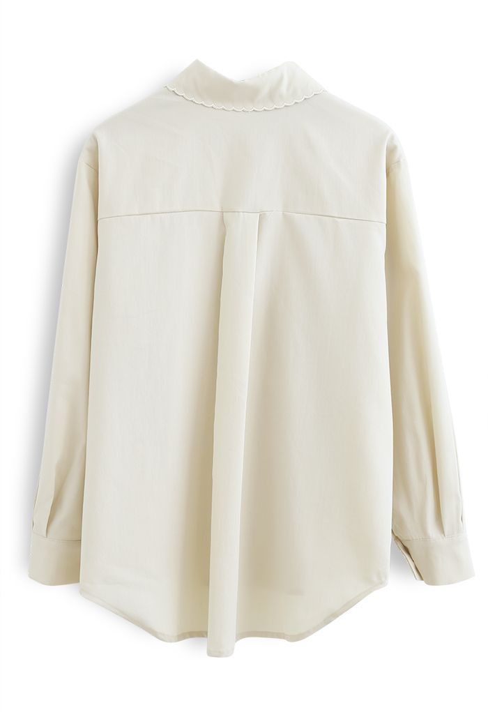 Embroidered Collar Buttoned Hi-Lo Shirt in Cream