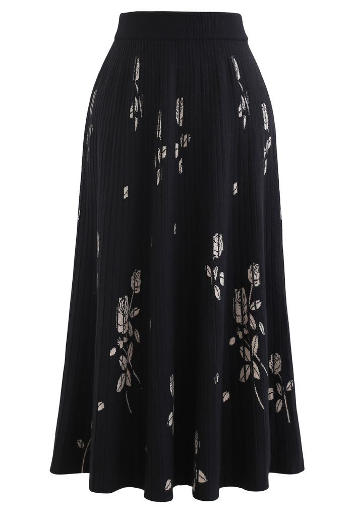 Rosebud Pleated Knit Midi Skirt in Black - Retro, Indie and Unique Fashion