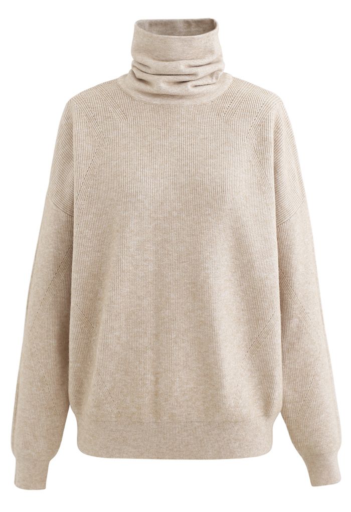 Basic Turtleneck Ribbed Knit Sweater in Sand