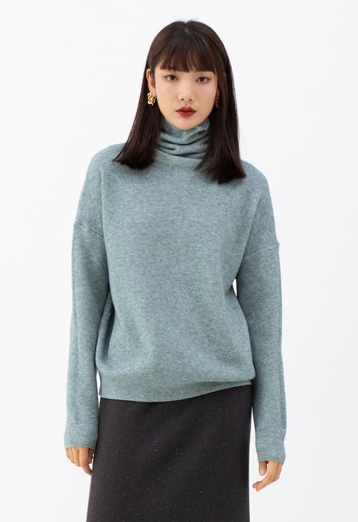 Basic Turtleneck Ribbed Knit Sweater in Green
