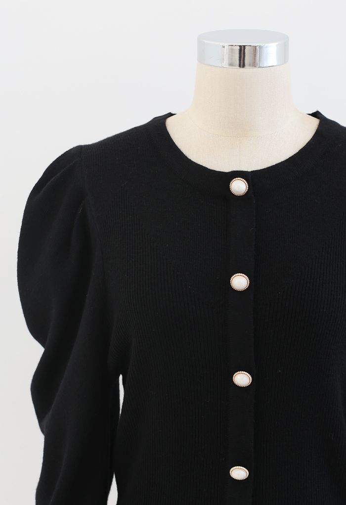 Button Ribbed Puff Sleeve Knit Top in Black