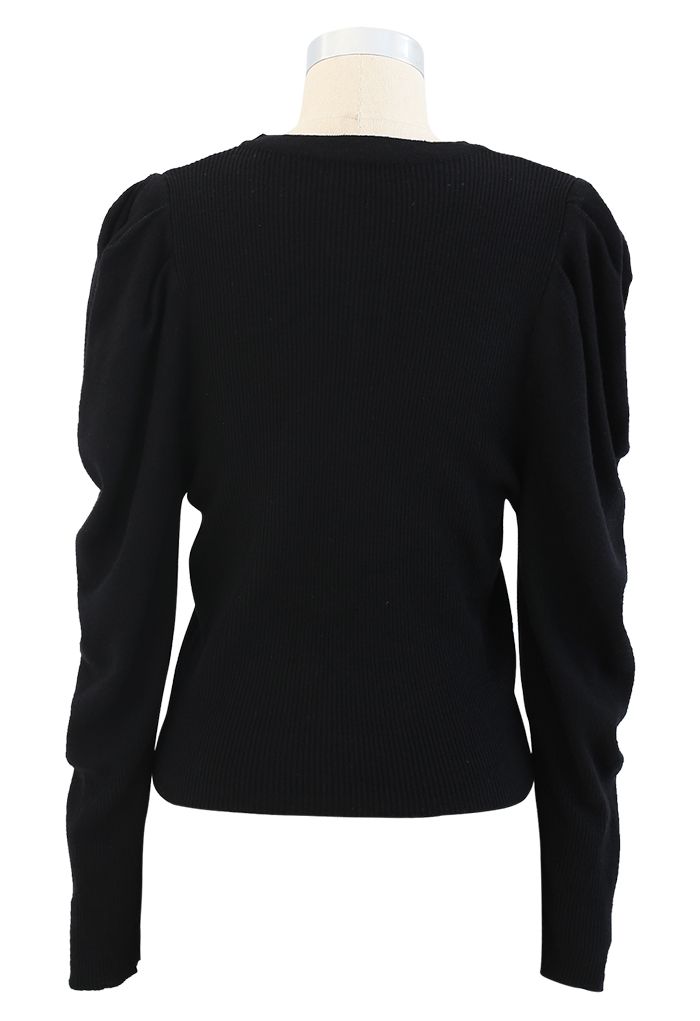 Button Ribbed Puff Sleeve Knit Top in Black - Retro, Indie and Unique ...