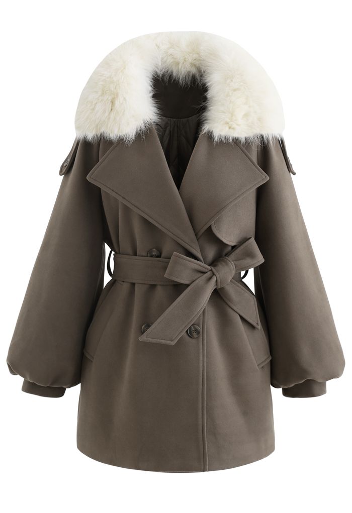 Faux Fur Collar Bubble Sleeves Wool-Blend Coat in Brown