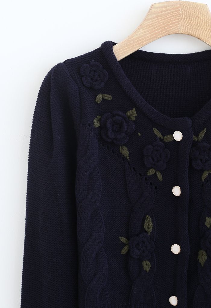 Flower Stitched Buttoned Knit Cardigan in Navy - Retro, Indie and ...