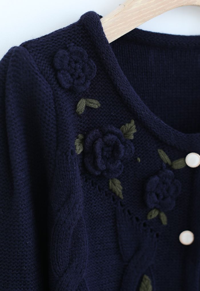 Flower Stitched Buttoned Knit Cardigan in Navy