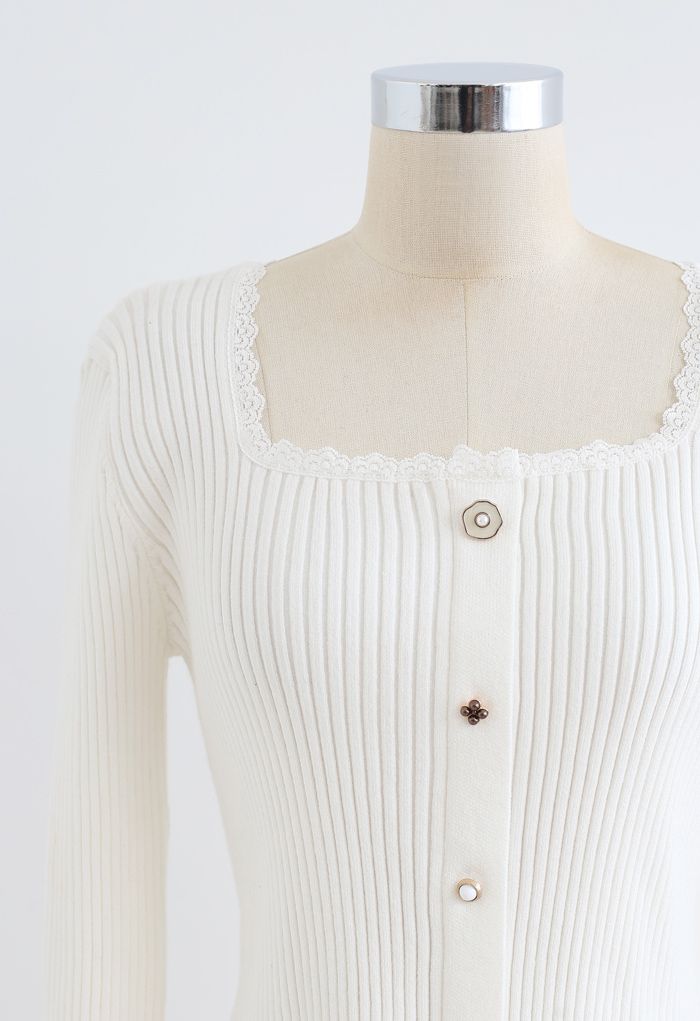 Square Neck Button Decorated Crop Knit Top in White