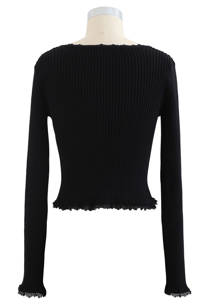 Square Neck Button Decorated Crop Knit Top in Black
