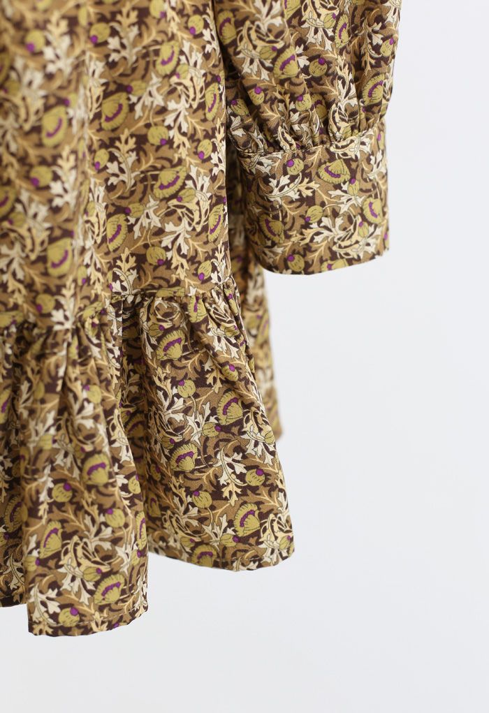 Floral Ruffle Hem Long Sleeves Mini Dress in Mustard