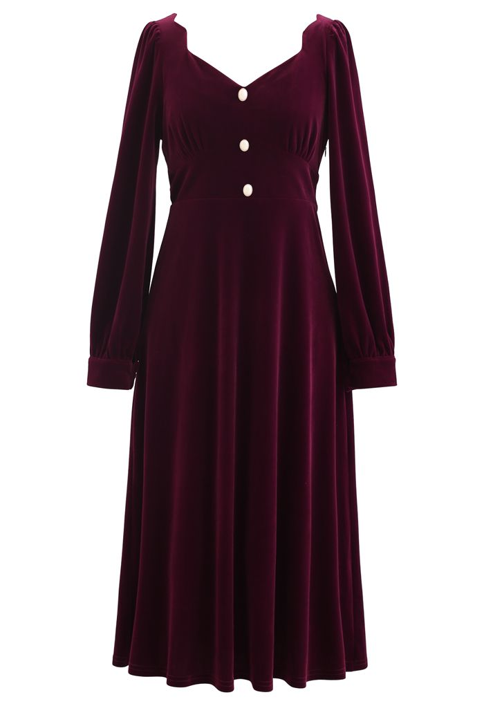 Sweetheart Neck Buttoned Velvet Dress in Wine