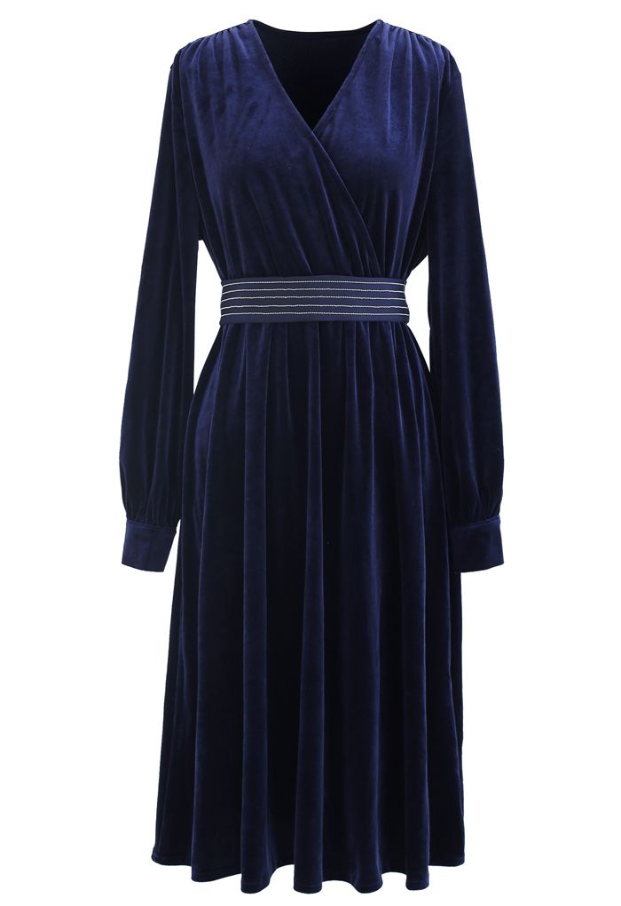 V-Neck Belted Velvet Wrap Dress in Navy - Retro, Indie and Unique Fashion