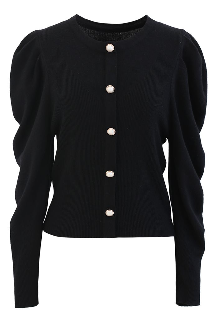 Button Ribbed Puff Sleeve Knit Top in Black