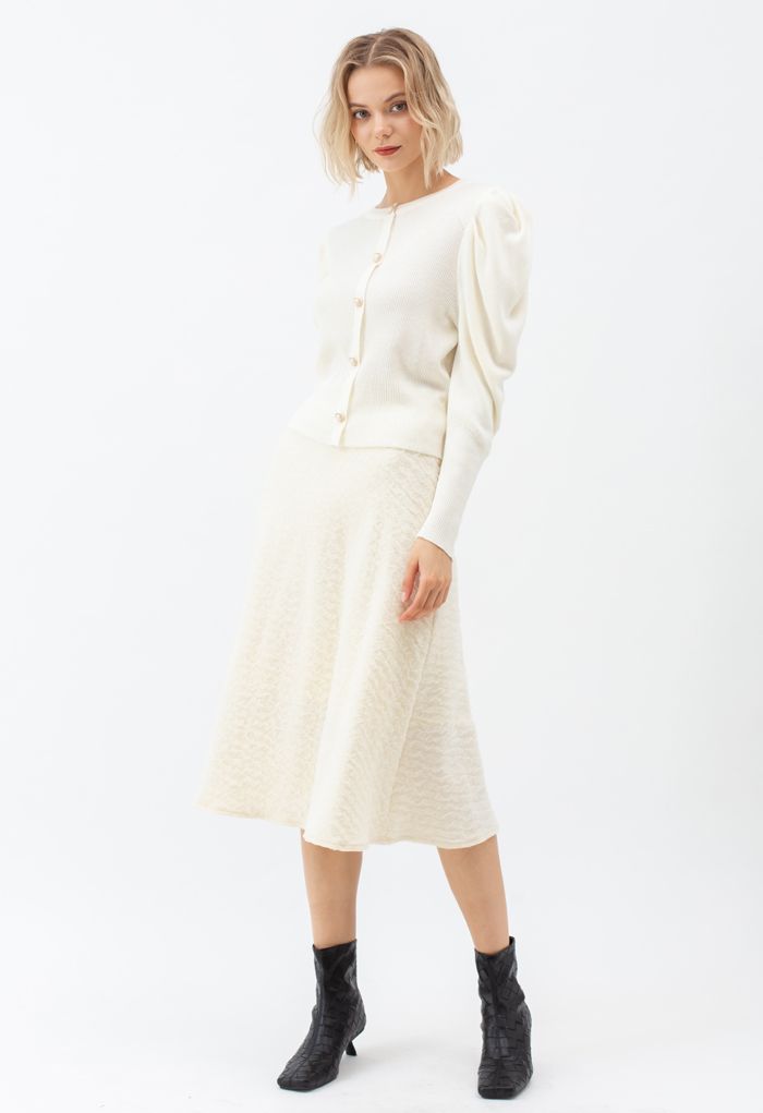 Embossed Mesh Flare Midi Skirt in White - Retro, Indie and Unique Fashion