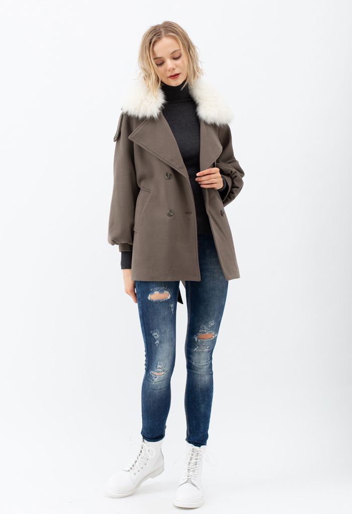 Faux Fur Collar Bubble Sleeves Wool-Blend Coat in Brown