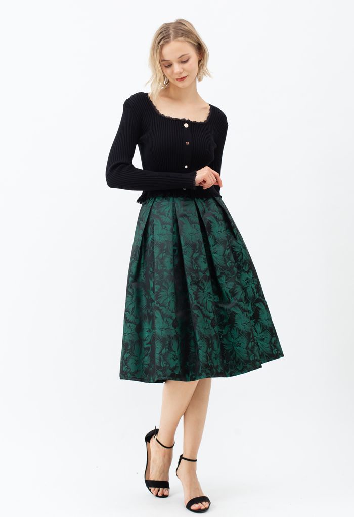 Green Peony Jacquard Pleated Midi Skirt - Retro, Indie and Unique Fashion